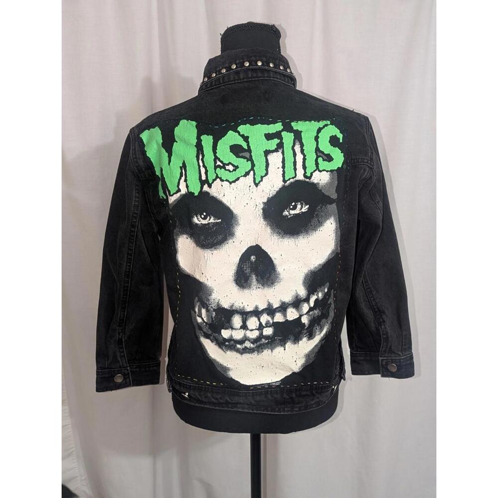 Women's Upcycled Studded Punk Black Denim Misfits Jacket